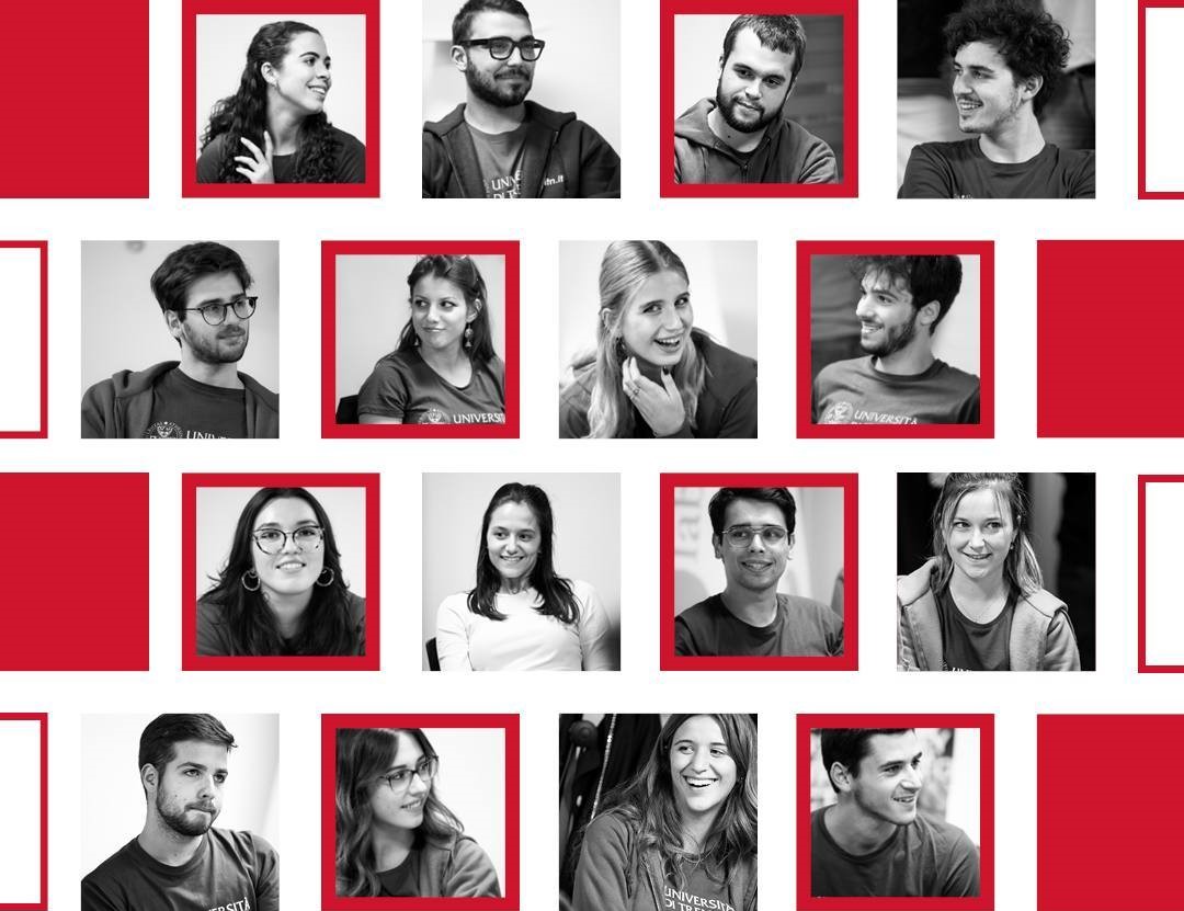 Un mosaico di foto di giovani sorridenti: sono gli orientatori e le orientatrici di UniTrento