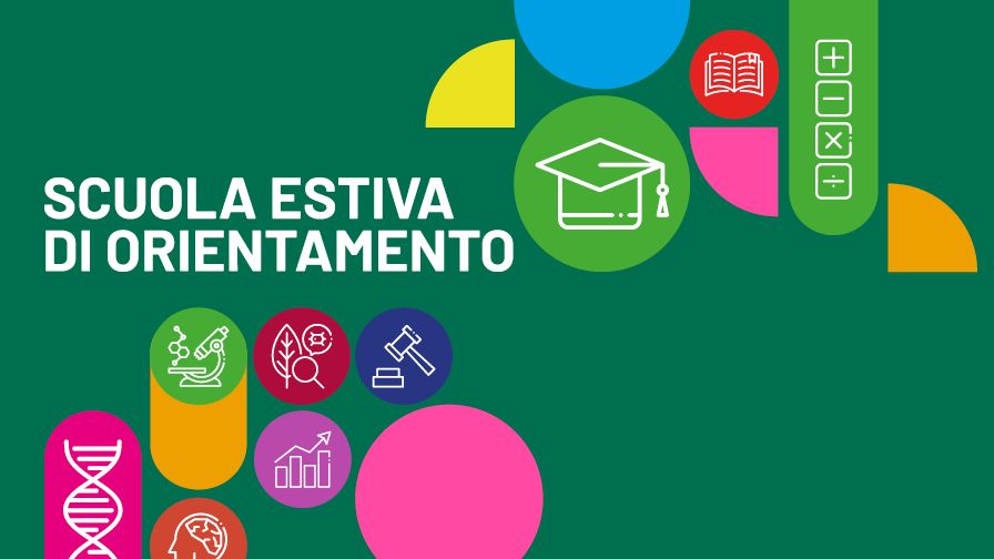 Icone colorate rappresentanti diverse discipline accademiche: chimica, biologia, ingegneria, economia, psicologia, diritto e genetica su sfondo verde