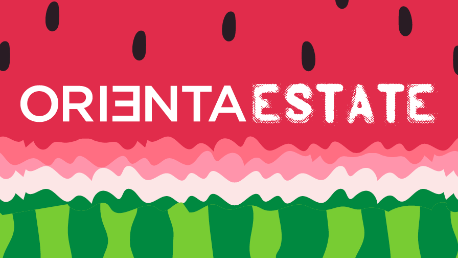 Il titolo dell'evento "orienta estate" sullo sfondo di un'anguria stilizzata