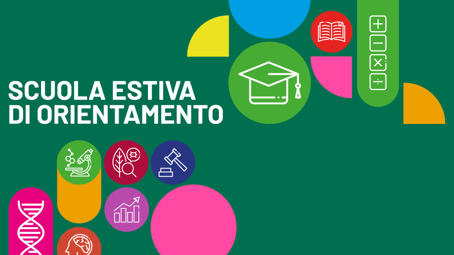 Icone colorate rappresentanti diverse discipline accademiche: chimica, biologia, ingegneria, economia, psicologia, diritto e genetica su sfondo verde