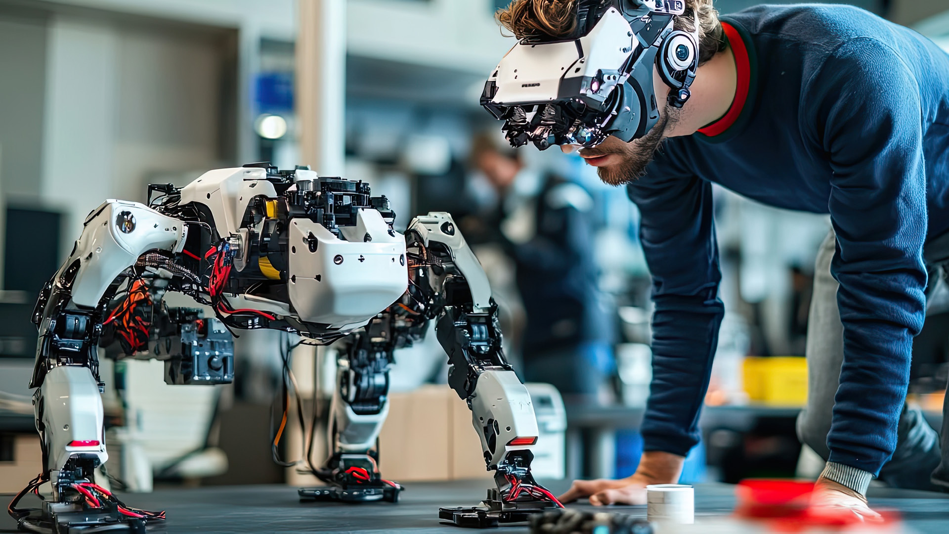 A student in a laboratory wears a virtual reality headset to test a four-legged robot on a workbench as part of advanced robotics and mechatronics activities. Other people and laboratory equipment are visible in the background.