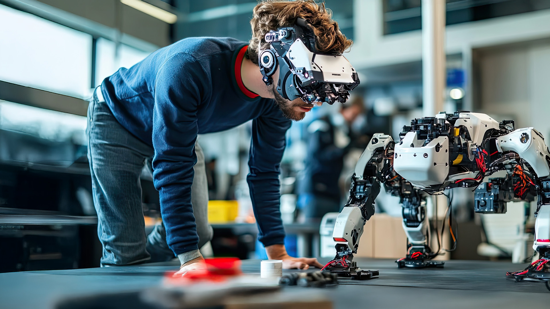 A student in a laboratory wears a virtual reality headset to test a four-legged robot on a workbench as part of advanced robotics and mechatronics activities. Other people and laboratory equipment are visible in the background.