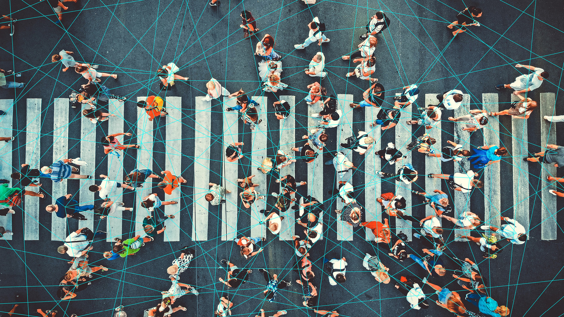 Vista aerea di una folla di persone che attraversa un ampio incrocio pedonale, con una rete di linee geometriche turchesi sovrapposta che collega visivamente le persone come nodi di un grafo.