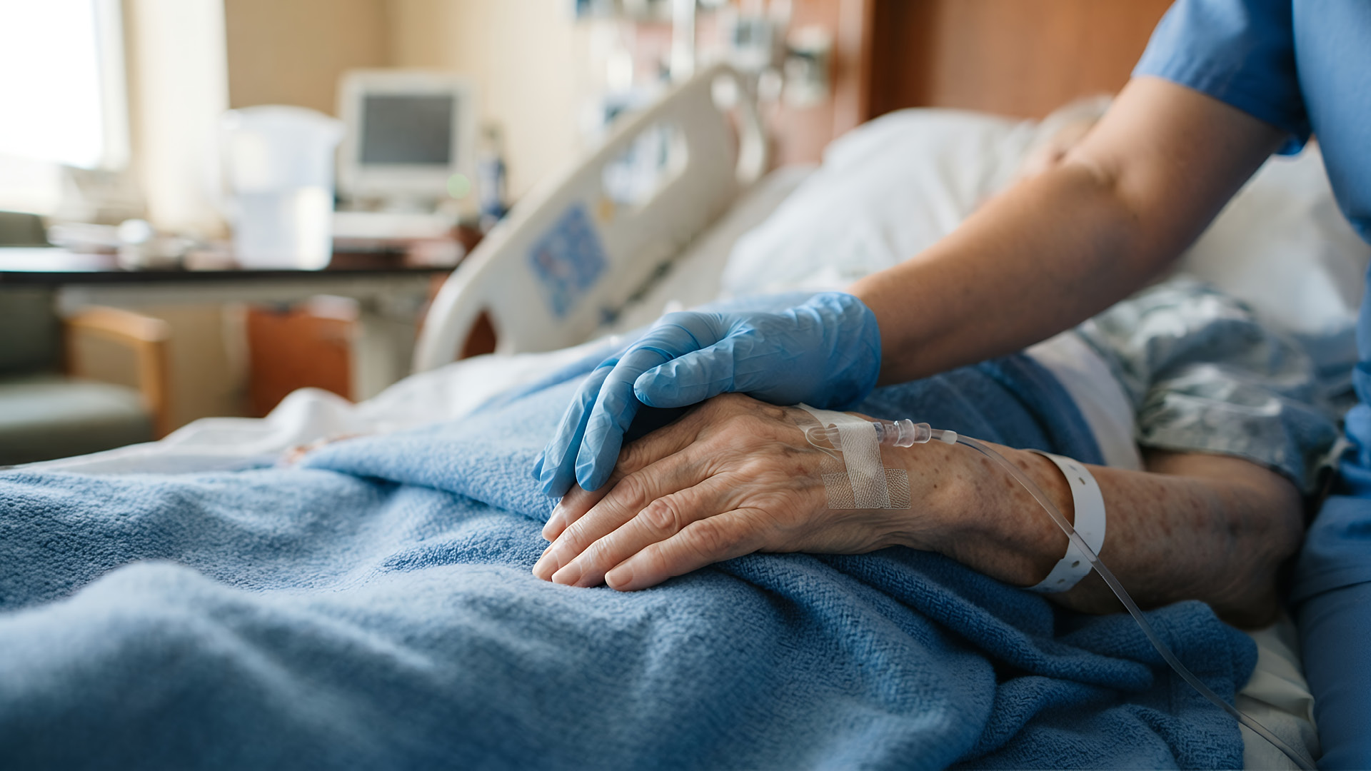 Mano guantata di un'infermiera posata su quella di una persona anziana, a letto in ospedale